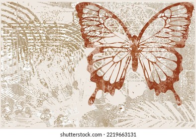 Grunge art background with butterfly made from swirls and ink spots scarf, canvas, frame wall decor printable design collage artwork 