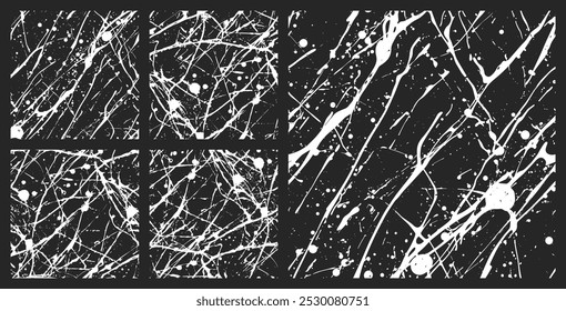 Grunge Art Estilo Paint Splatter Textura Sem Costura Abstract Background Vetor Set. Coleção de Clipart de Abstração Repetitiva Desenhada à Mão em Preto e Branco. Texturas Grungy artísticas desenhadas à mão sem fim