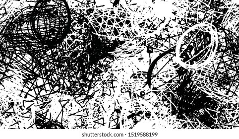 Grunge art Wallpaper. Abstract seamless background. The texture of chaotic elements. Black and white old surface. Monochrome pattern