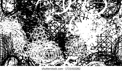 Grunge art Wallpaper. Abstract seamless background. The texture of chaotic elements. Black and white old surface. Monochrome pattern