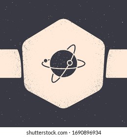Grunge Artificial satellites orbiting the planet Earth in outer space icon isolated on grey background. Communication, navigation concept. Monochrome vintage drawing. Vector Illustration