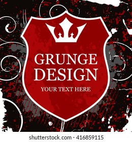 Grunge artistic background template with paint dirty splashes shield, floral elements, crown and place for Your text.