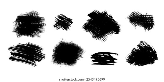 Grunge tinta preta artística pintada à mão pincel texturizado mancha mancha e blob set. Abstrato expressivo vetor escuro isolado mascara formas de esfregaço para design de estrutura de textura, fundo, textura