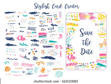 Grunge artistic brush strokes set for creation Creative design cards, save the date, business cards, promos. Stylish art stains