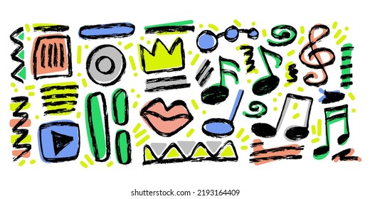 Grunge artistic element set with ovals, swirls, stripes, rectangular shape, crown, lips, zigzag, play button, music notes and treble clef. Grunge shapes collection. Contemporary hand drawn clip art.