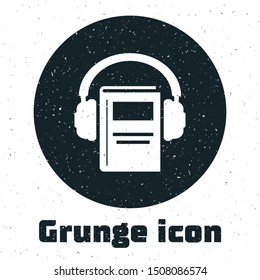 Grunge Audio book icon isolated on white background. Book with headphones. Audio guide sign. Online learning concept.  Vector Illustration