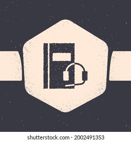Grunge Audio book icon isolated on grey background. Book with headphones. Audio guide sign. Online learning concept. Monochrome vintage drawing. Vector Illustration