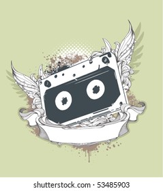 Grunge audio tape on dirty background with bizarre pattern. Vector illustration.