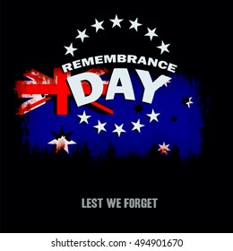 Grunge Australian flag on dark background with Remembrance Day and Lest we forget text memorial vector illustration