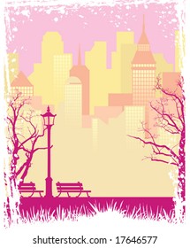 Grunge autumn background with a town and a park