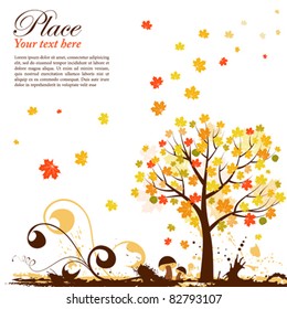 Grunge Autumn Background with tree and chestnut, element for design, vector illustration