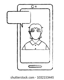 grunge avatar man faceless inside smartphone with chat bubble