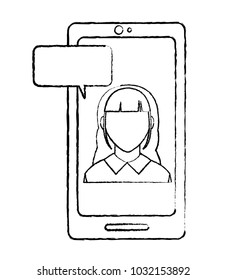 grunge avatar woman faceless inside smartphone with chat bubble