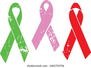 Grunge Awareness Ribbons Stamps Collection. Can be used as Banners, Insignias or Badges. Vector Distressed Textures Set. Blank Geometric Shapes. Vector Illustration. Isolated on white. EPS10.