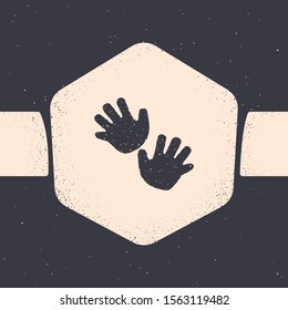 Grunge Baby hands print icon isolated on grey background. Monochrome vintage drawing. Vector Illustration