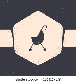 Grunge Baby stroller icon isolated on grey background. Baby carriage, buggy, pram, stroller, wheel. Monochrome vintage drawing. Vector Illustration