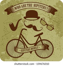 grunge background banner at the top that says who the hipsters, the image bicycle  hats mustache points, attributes hipsters 