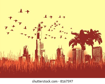 Grunge background with birds, summer time