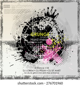 Grunge background in black color. Vector illustration. Grunge background with a colorful rainbow ink splat effect. Grunge banner with an inky dribble strip with copy space for party and t-shirt print