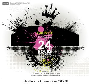 Grunge background in black color. Vector illustration. Grunge background with a colorful rainbow ink splat effect. Grunge banner with an inky dribble strip with copy space for party and t-shirt print
