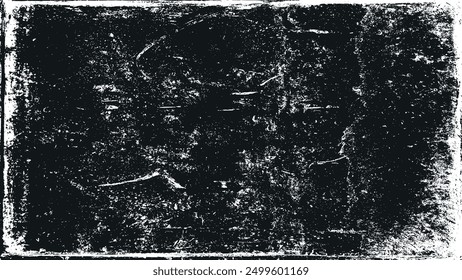 Grunge background with black distressed texture, rough scratches and worn frame border. High contrast monochrome abstract overlay, gritty vintage vector backdrop for design, print and web.