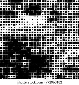 Grunge background of black squares on a white background. Vector monochrome pattern