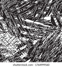 Grunge background black and white. Abstract vector seamless texture. A pattern of repeating randomly arranged crossing hatch elements