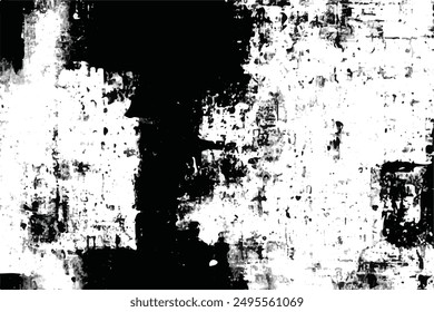 Grunge background black and white. Monochrome texture. Vector pattern of cracks, chips, scuffs. Grainy Grunge Background. Dirty in stains and dust surface.