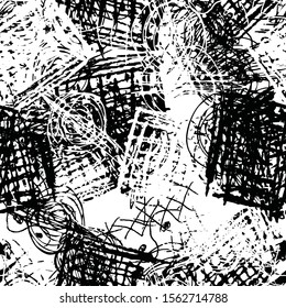 Grunge background black and white. Seamless abstract texture of scratches, chipping, scuffs. Gloomy dirty vintage surface
