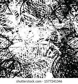 Grunge background black and white. Seamless abstract texture of scratches, chipping, scuffs. Gloomy dirty vintage surface