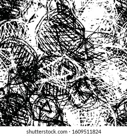 Grunge background black and white. Seamless abstract texture of scratches, chipping, scuffs. Gloomy dirty vintage surface