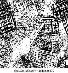 Grunge background black and white. Seamless abstract texture of scratches, chipping, scuffs. Gloomy dirty vintage surface