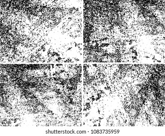 Grunge background black and white. Set of four abstract monochrome textures. Vector pattern of spots, dust, scratches, chips
