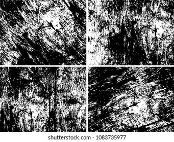 Grunge background black and white. Set of four abstract monochrome textures. Vector pattern of spots, dust, scratches, chips