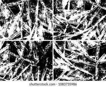 Grunge background black and white. Set of four abstract monochrome textures. Vector pattern of spots, dust, scratches, chips