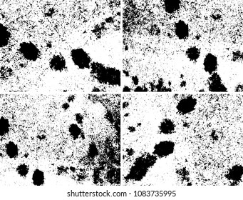 Grunge background black and white. Set of four abstract monochrome textures. Vector pattern of spots, dust, scratches, chips