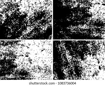 Grunge background black and white. Set of four abstract monochrome textures. Vector pattern of spots, dust, scratches, chips