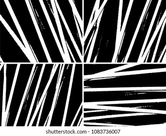 Grunge background black and white. Set of four abstract monochrome textures. Vector pattern of spots, dust, scratches, chips