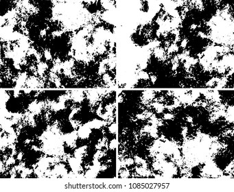 Grunge background black and white. Set of four abstract monochrome textures. Vector pattern of spots, dust, scratches, chips