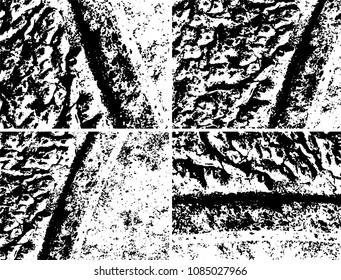 Grunge background black and white. Set of four abstract monochrome textures. Vector pattern of spots, dust, scratches, chips