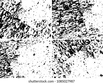 Grunge background black and white. Set of four abstract monochrome textures. Vector pattern of spots, dust, scratches, chips