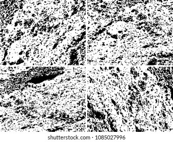 Grunge background black and white. Set of four abstract monochrome textures. Vector pattern of spots, dust, scratches, chips