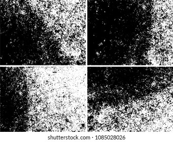 Grunge background black and white. Set of four abstract monochrome textures. Vector pattern of spots, dust, scratches, chips