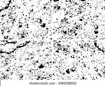 Grunge background black and white. Set of four abstract monochrome textures. Vector pattern of spots, dust, scratches, chips