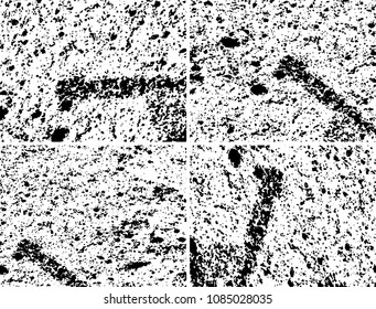 Grunge background black and white. Set of four abstract monochrome textures. Vector pattern of spots, dust, scratches, chips