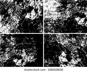 Grunge background black and white. Set of four abstract monochrome textures. Vector pattern of spots, dust, scratches, chips