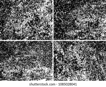 Grunge background black and white. Set of four abstract monochrome textures. Vector pattern of spots, dust, scratches, chips