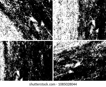 Grunge background black and white. Set of four abstract monochrome textures. Vector pattern of spots, dust, scratches, chips