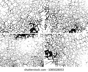 Grunge background black and white. Set of four abstract monochrome textures. Vector pattern of spots, dust, scratches, chips