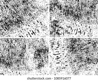 Grunge background black and white. Set of four abstract monochrome textures. Vector pattern of spots, dust, scratches, chips